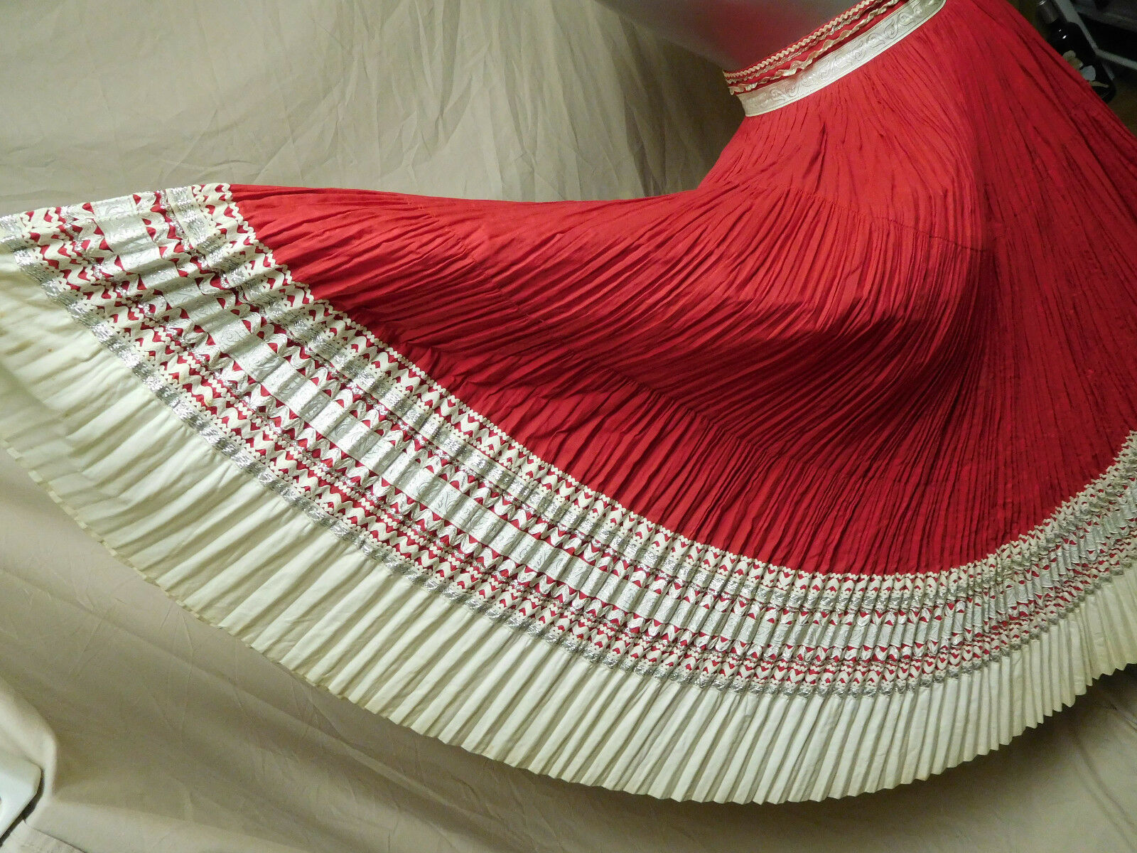 Vintage Red Metallic Silver Trim Pleated Circle Skirt - Fresh Stock Dated February 2026