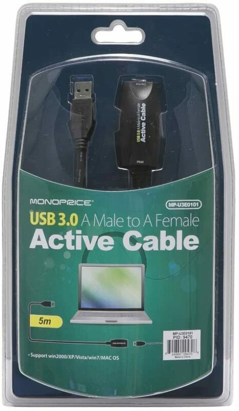 Monoprice 5-meter USB 3.0 A Male to A Female Active Extension Cable, Black - Fresh Stock Dated February 2026