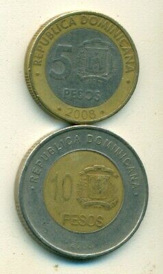 2 DIFFERENT BI-METAL COINS..the DOMINICAN REPUBLIC.. 5 & 10 PESOS..BOTH 2008 - Fresh Stock Dated December 2025