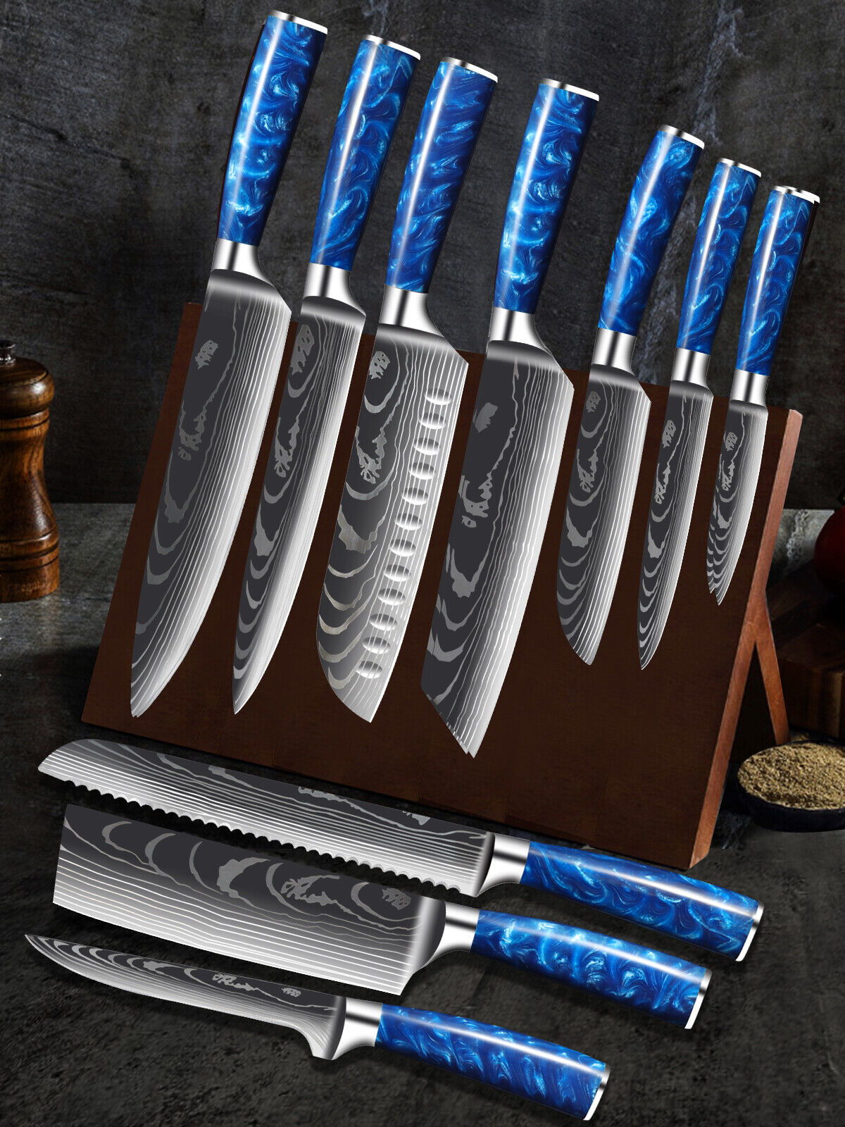 Kitchen Knife Set Japanese Damascus Pattern Chef Knives Stainless Steel Cleaver - Fresh Stock Dated February 2026