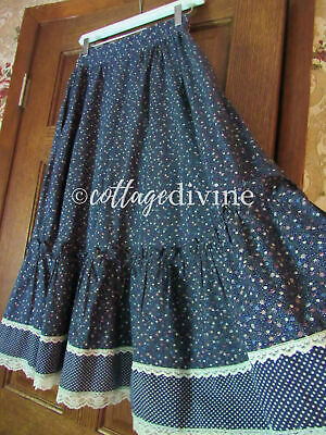Navy Floral Dot Gunne Sax Gunnies Vtg 1970s Calico Velvet Ruffle Prairie Skirt - Fresh Stock Dated February 2026
