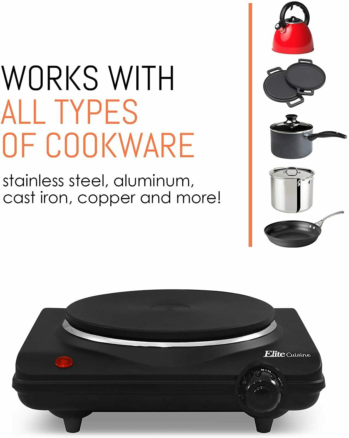 Single Electric Flat Cast Iron Heating Plate Burner Power Light 1000 Watts Black - Fresh Stock Dated December 2025