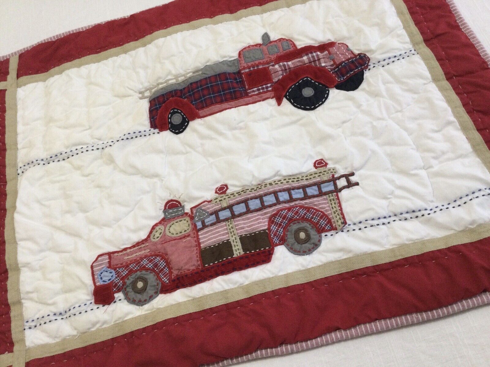 Pottery Barn Kids Fire Trucks Quilted Standard Pillow Sham Red/Multicolor Cotton - Fresh Stock Dated February 2026