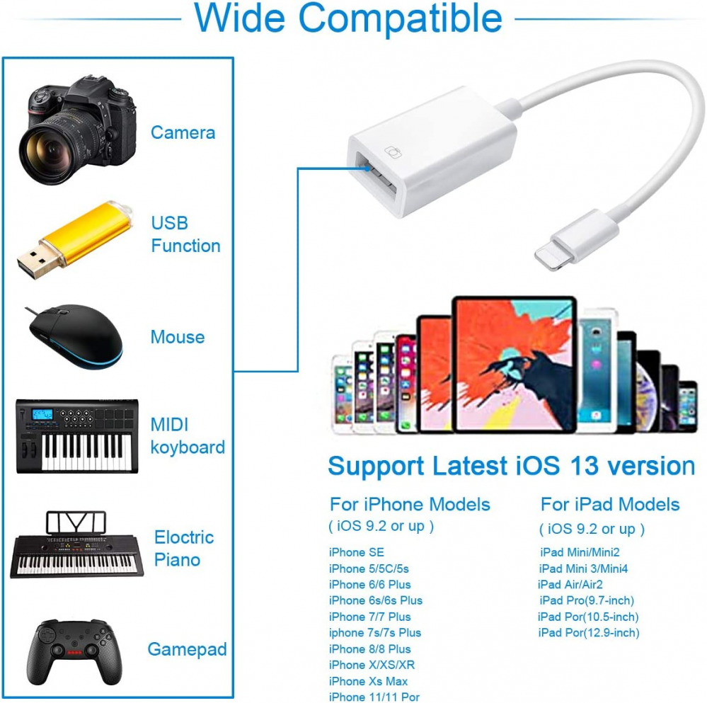 Lightning to USB Camera Adapter Female OTG Cable WHITE - Fresh Stock Dated February 2026