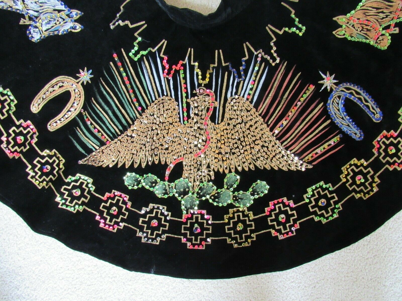 Vintage 1950s Mexican Velvet circle skirt Sequin Hand-painted Eagle Cacti Horses - Fresh Stock Dated December 2025