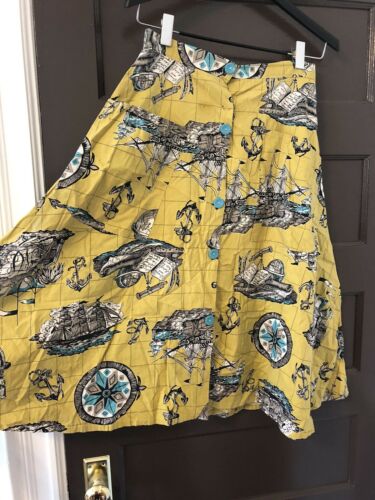 Vintage 50s Yellow Map Sailor Ocean Circle Skirt - Fresh Stock Dated March 2026