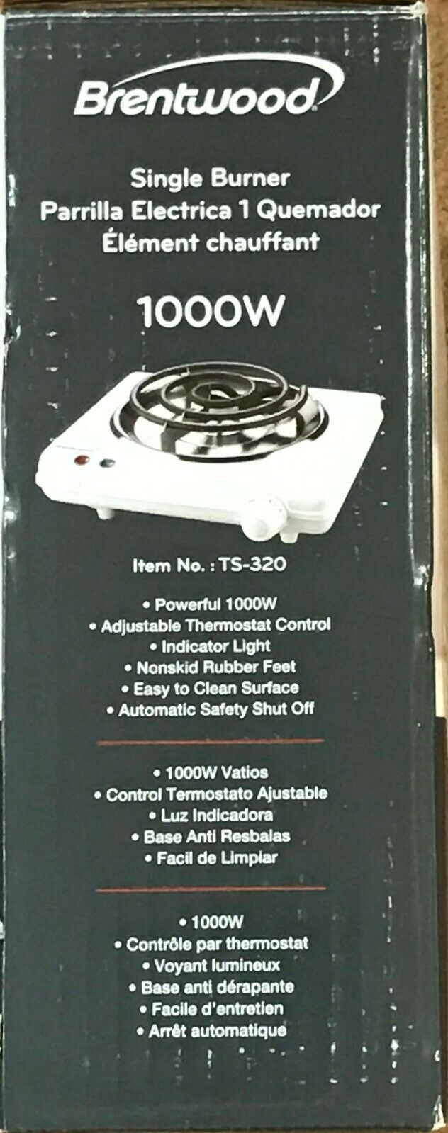 Brentwood Appliances TS-320 Electric Single Burner, 1000 Watts, White - Fresh Stock Dated December 2025