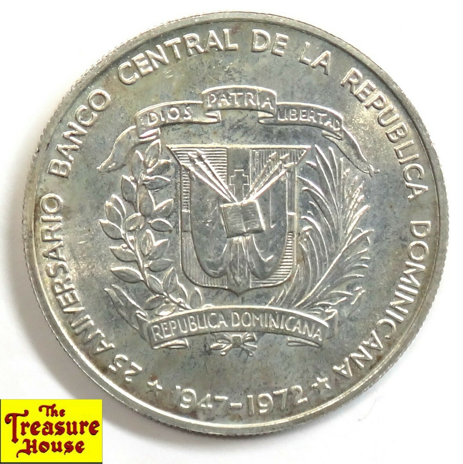 1972 Dominican Republic UN PESO Central Bank 25th Anniversary 90% Silver Coin BU - Fresh Stock Dated February 2026