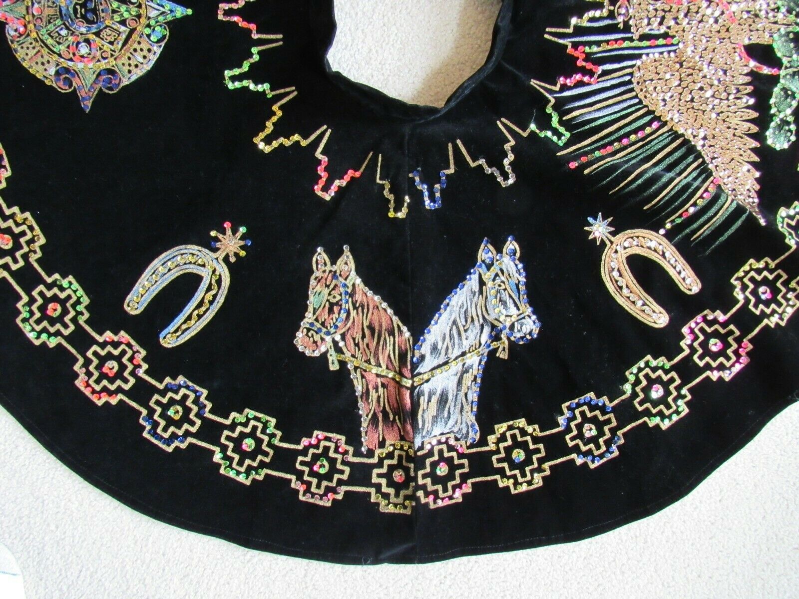 Vintage 1950s Mexican Velvet circle skirt Sequin Hand-painted Eagle Cacti Horses - Fresh Stock Dated December 2025