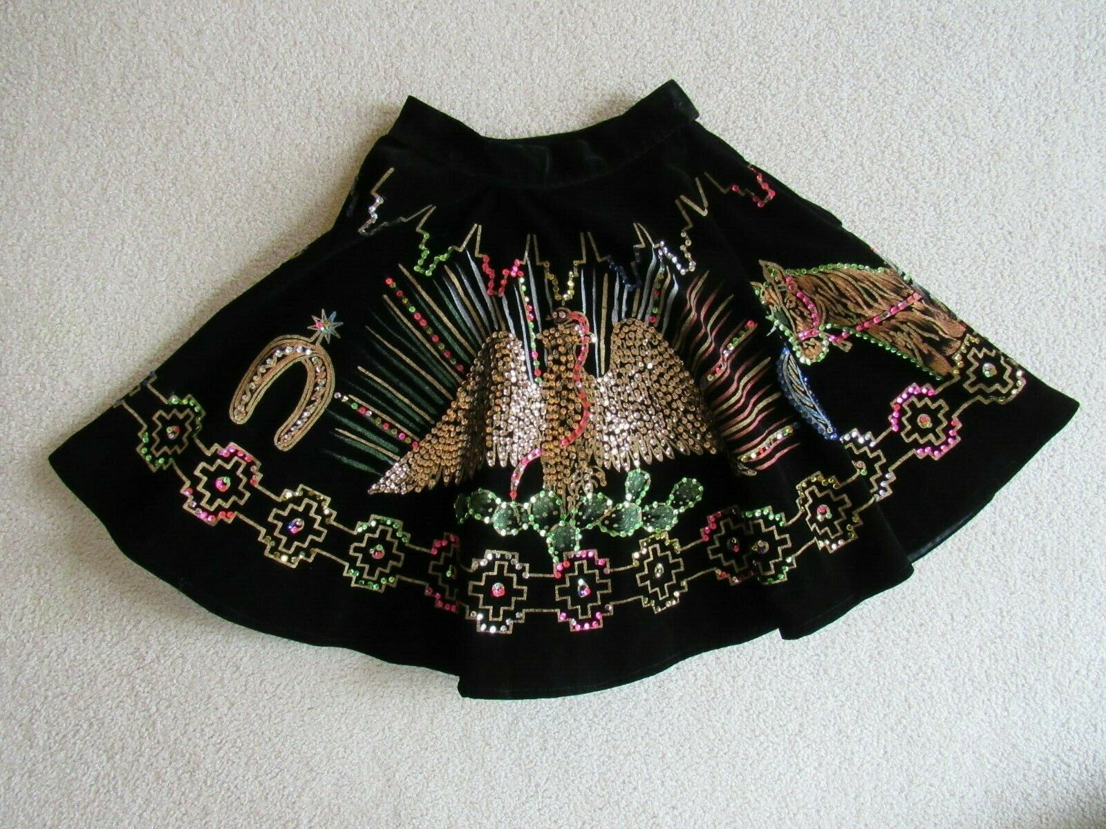 Vintage 1950s Mexican Velvet circle skirt Sequin Hand-painted Eagle Cacti Horses - Fresh Stock Dated December 2025