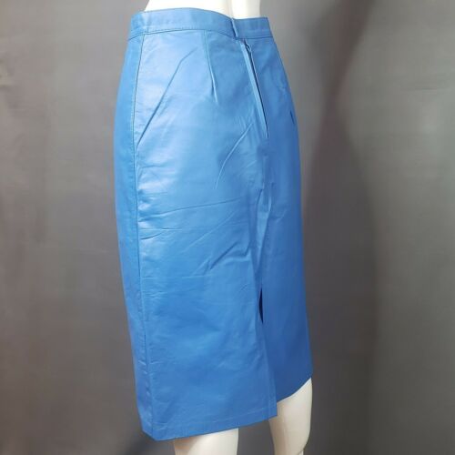 Vintage Women's Blue Leather Skirt With Back Snap Split Size EU 46 US 8 or 10 - Fresh Stock Dated February 2026