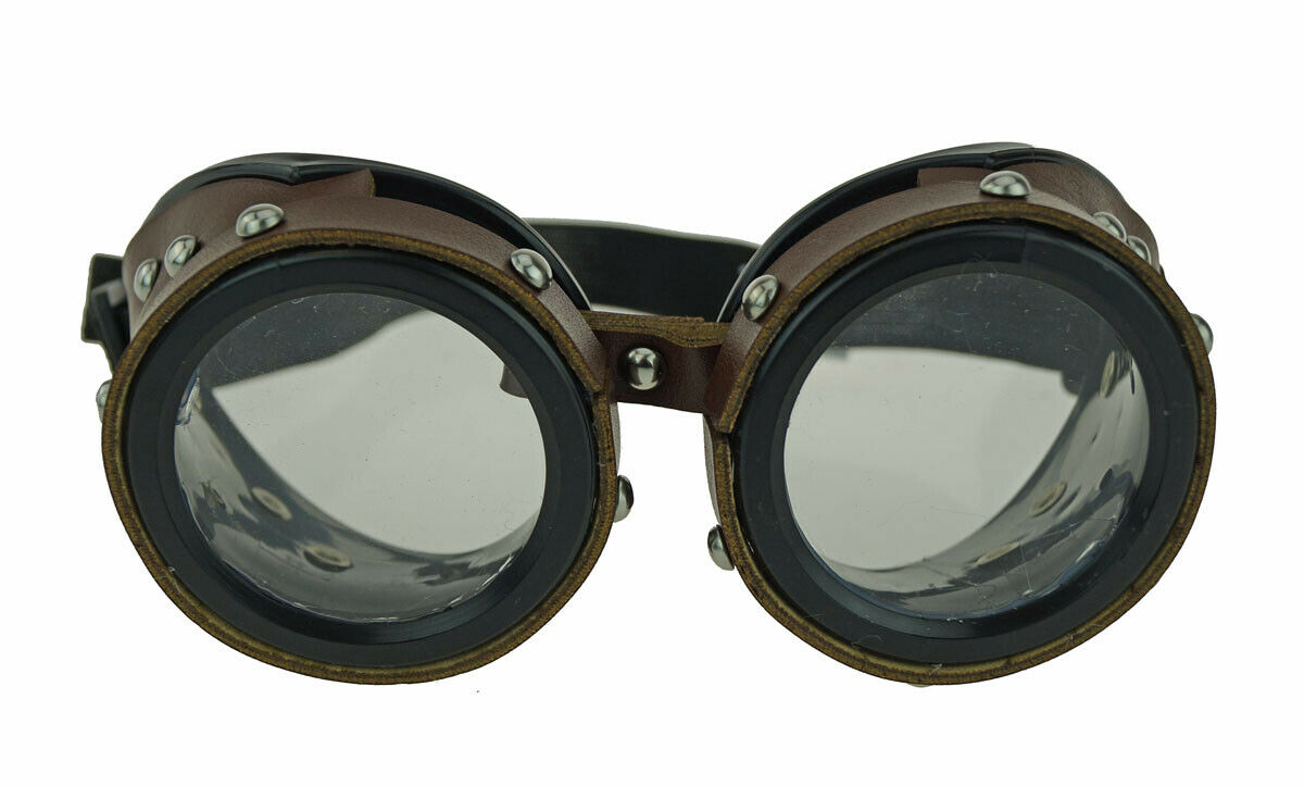 Brown Leather Aviator Costume Goggles With Metal Studs Steampunk Goggles - Fresh Stock Dated February 2026