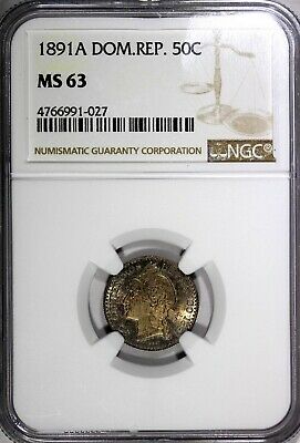 Dominican Republic Silver 1891 A 50 Centesimos NGC MS63 SCARCE NICE TONED KM# 10 - Fresh Stock Dated February 2026