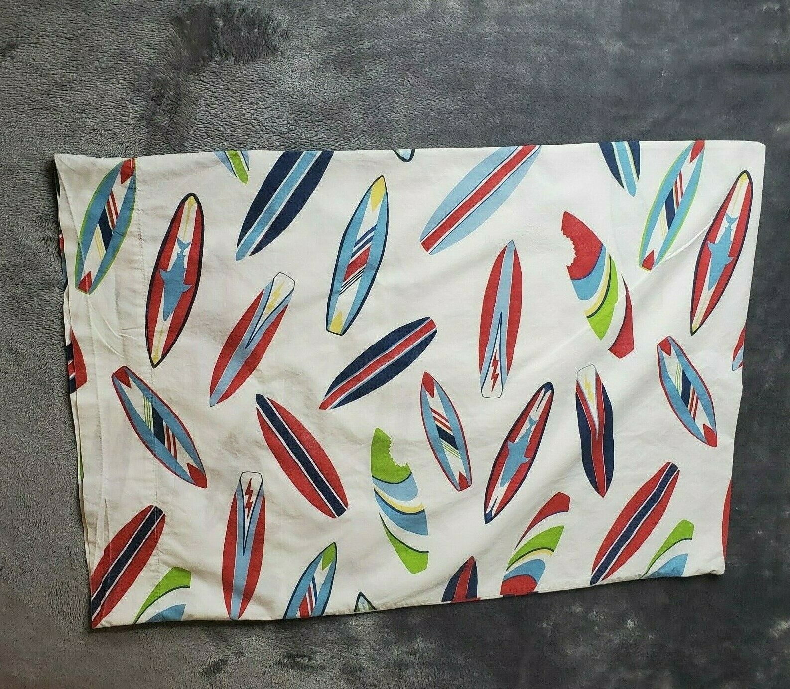 Pottery Barn Kids SURFBOARD Standard Pillow Case Beach Surfer Wave Shark Bite - Fresh Stock Dated December 2025