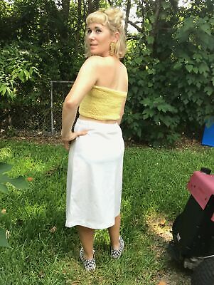 Vintage 70s 80s | White Elastic High Waisted Midi Summer Pencil Skirt | S - M - Fresh Stock Dated February 2026