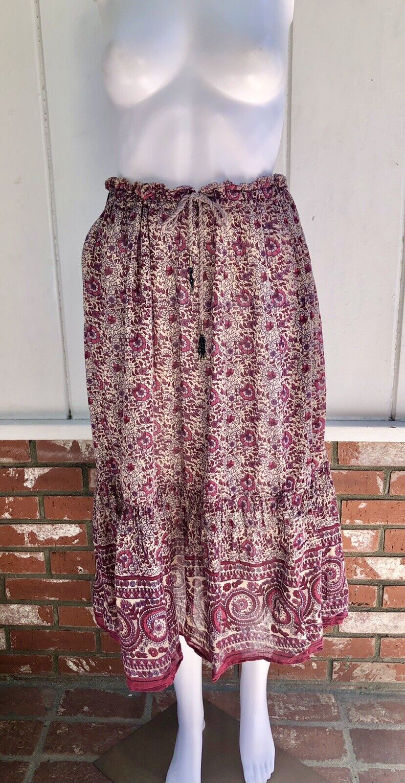 VTG 70s Hippie Boho Maroon Block Print Semi Sheer Tissue Gauze Midi Skirt 1 SZ - Fresh Stock Dated March 2026