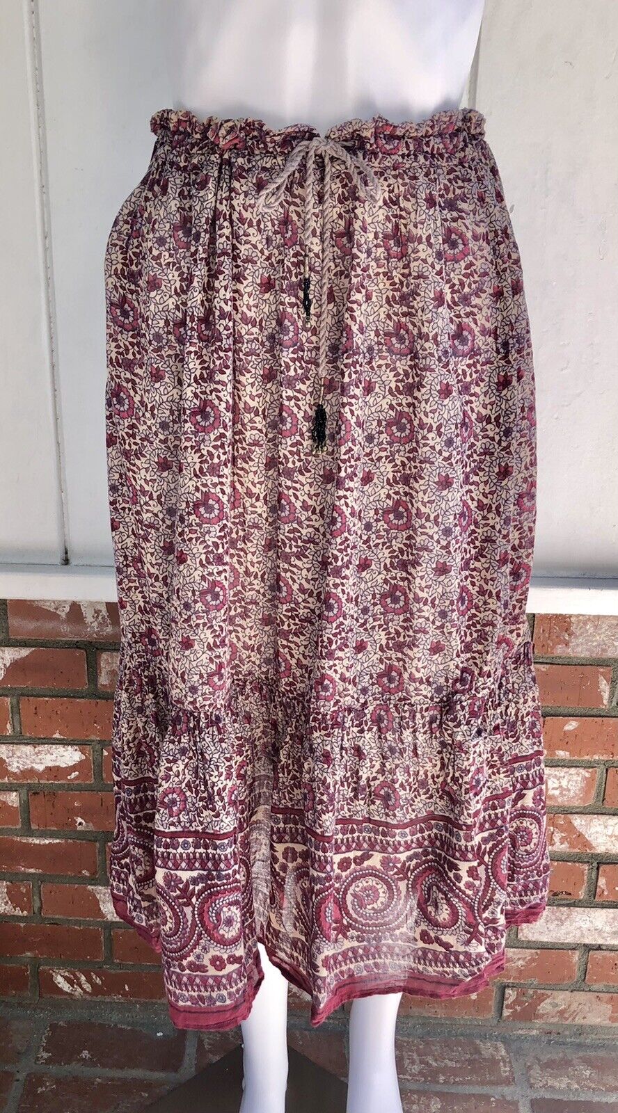 VTG 70s Hippie Boho Maroon Block Print Semi Sheer Tissue Gauze Midi Skirt 1 SZ - Fresh Stock Dated March 2026