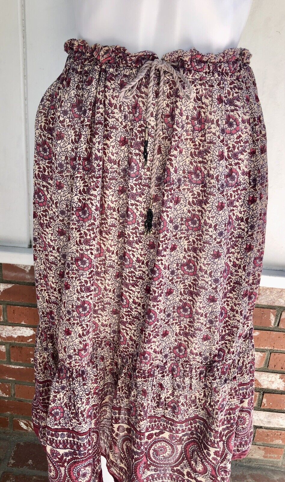 VTG 70s Hippie Boho Maroon Block Print Semi Sheer Tissue Gauze Midi Skirt 1 SZ - Fresh Stock Dated March 2026