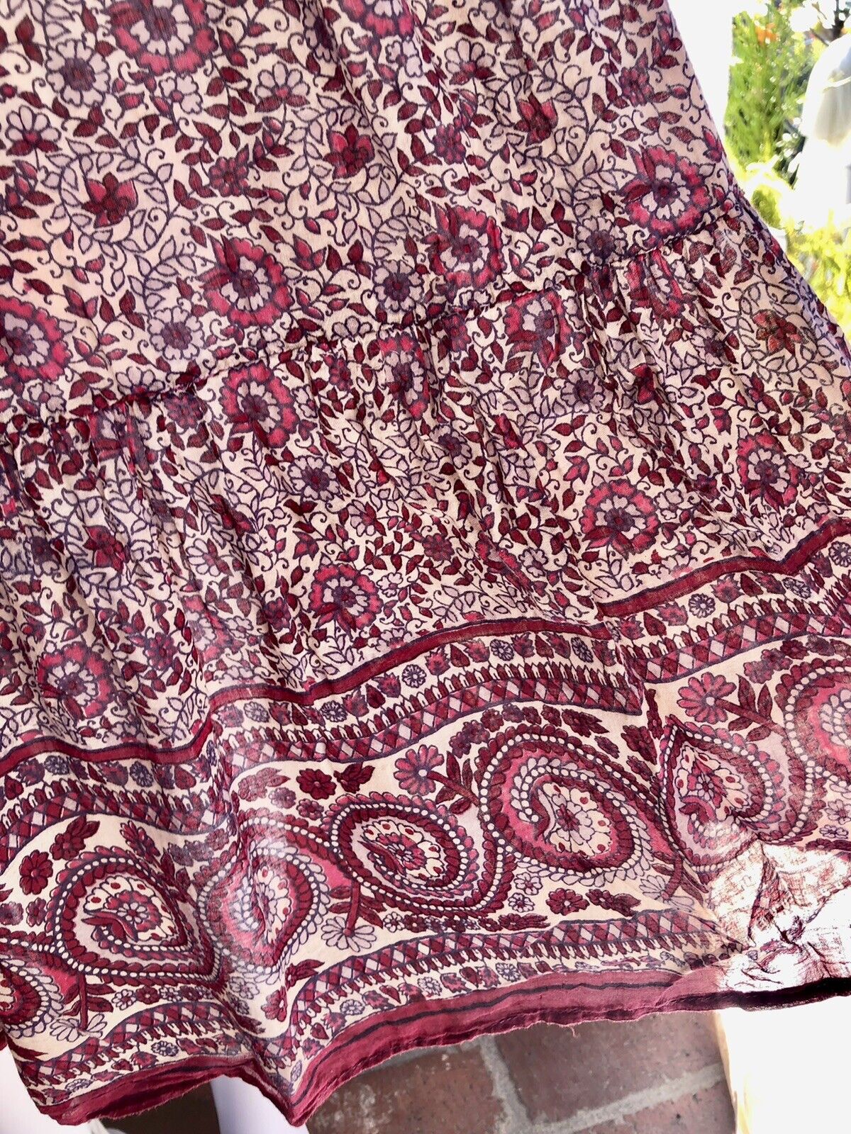 VTG 70s Hippie Boho Maroon Block Print Semi Sheer Tissue Gauze Midi Skirt 1 SZ - Fresh Stock Dated March 2026