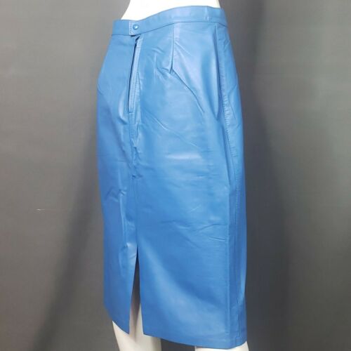 Vintage Women's Blue Leather Skirt With Back Snap Split Size EU 46 US 8 or 10 - Fresh Stock Dated February 2026