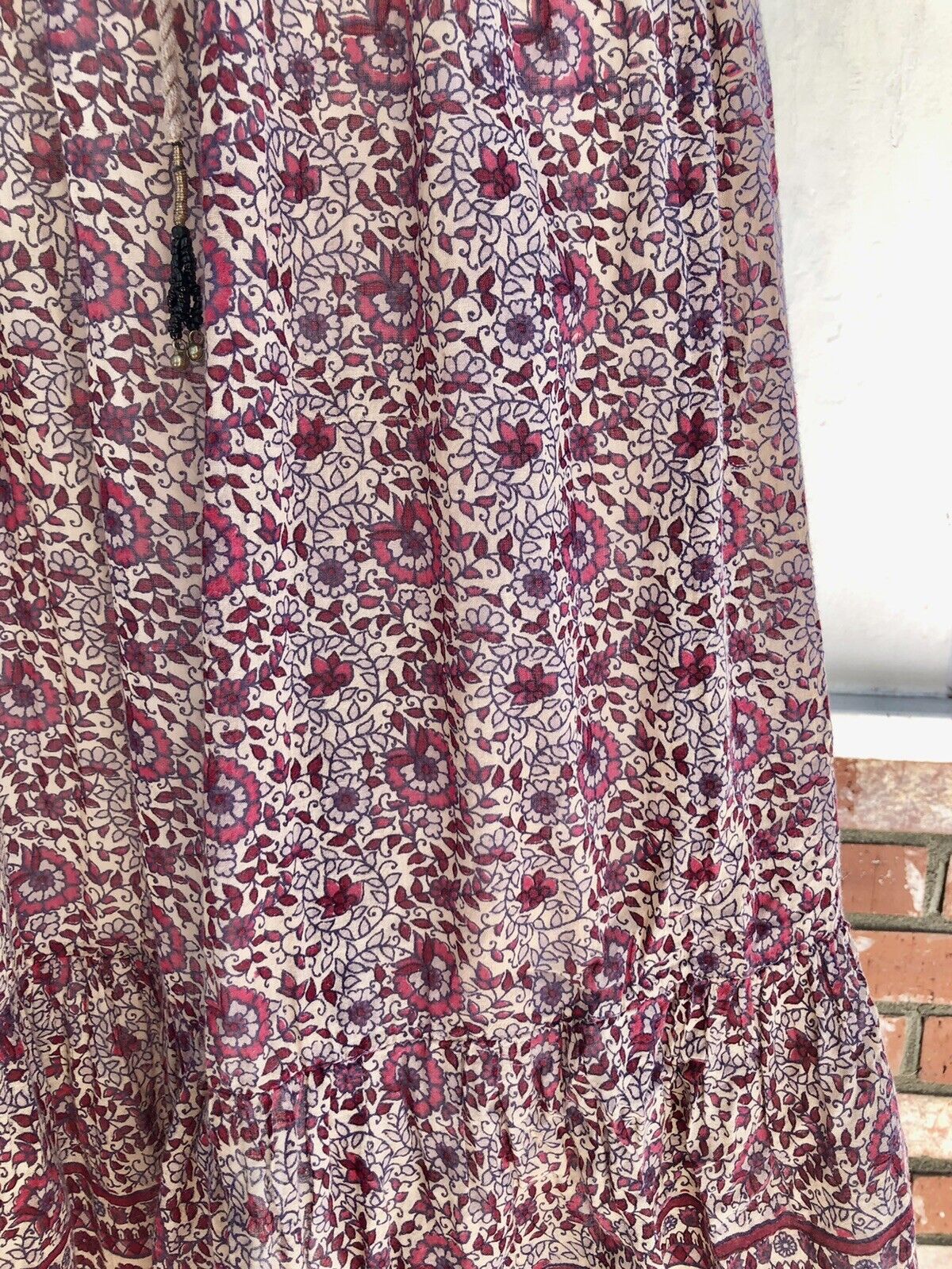 VTG 70s Hippie Boho Maroon Block Print Semi Sheer Tissue Gauze Midi Skirt 1 SZ - Fresh Stock Dated March 2026