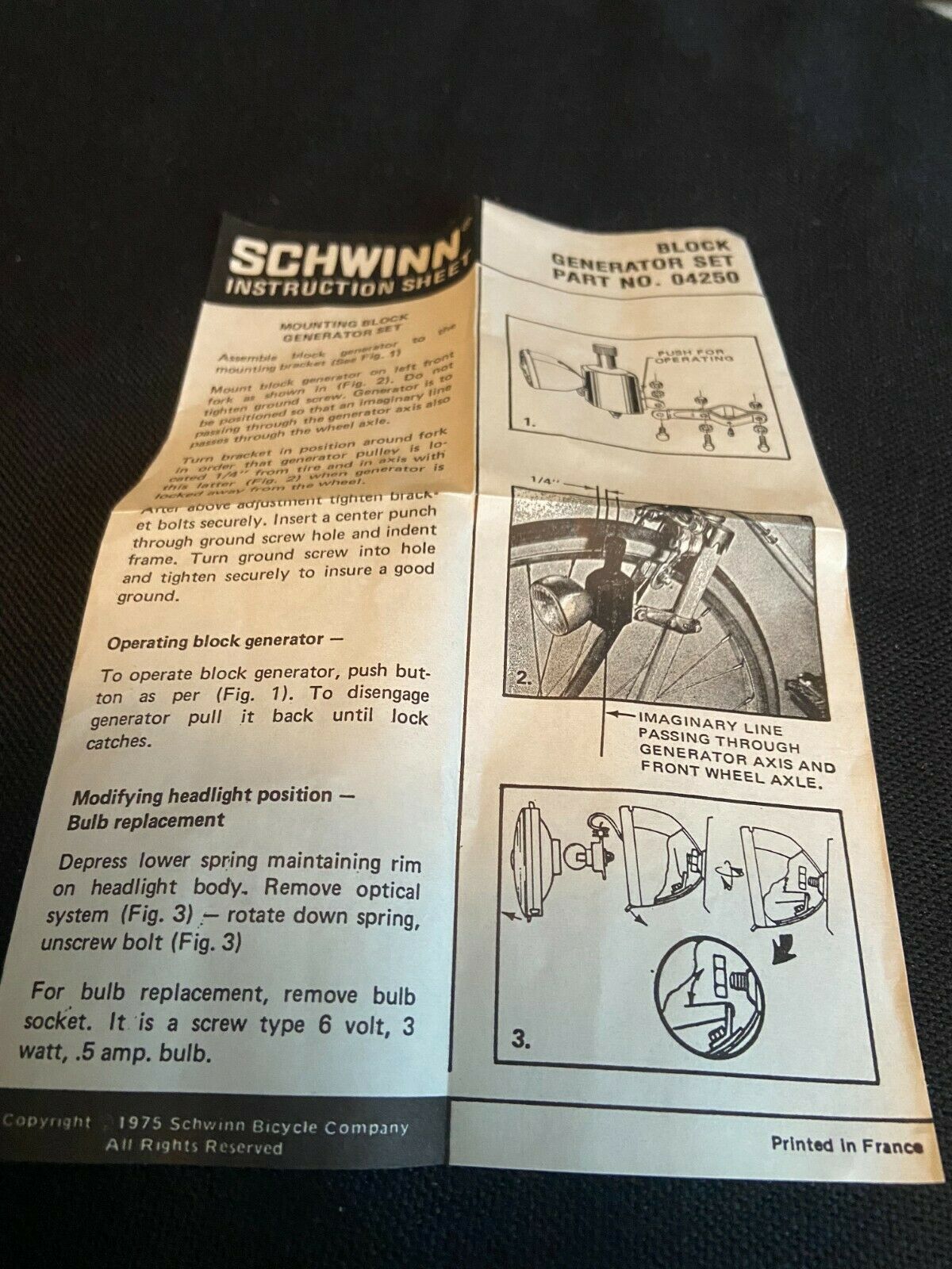 VINTAGE 1970's SCHWINN APPROVED BLOCK GENERATOR LIGHT SET #04-250 (NOS) - Fresh Stock Dated December 2025