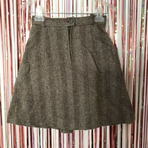 Vintage 60s 70s Junior Mates Brown Tweed Mod A-Line Skirt Pockets Front Pleat 00 - Fresh Stock Dated February 2026