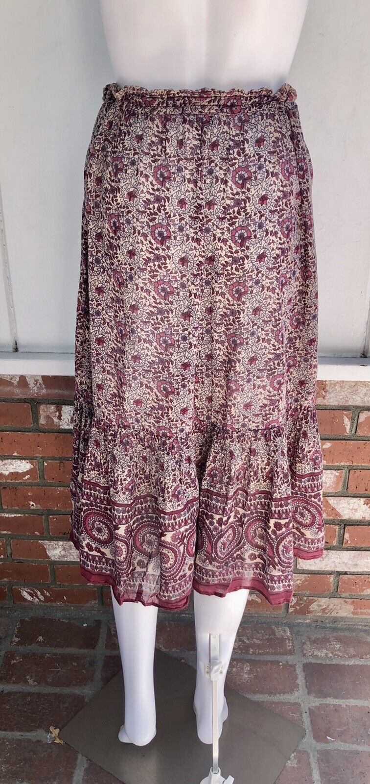 VTG 70s Hippie Boho Maroon Block Print Semi Sheer Tissue Gauze Midi Skirt 1 SZ - Fresh Stock Dated March 2026