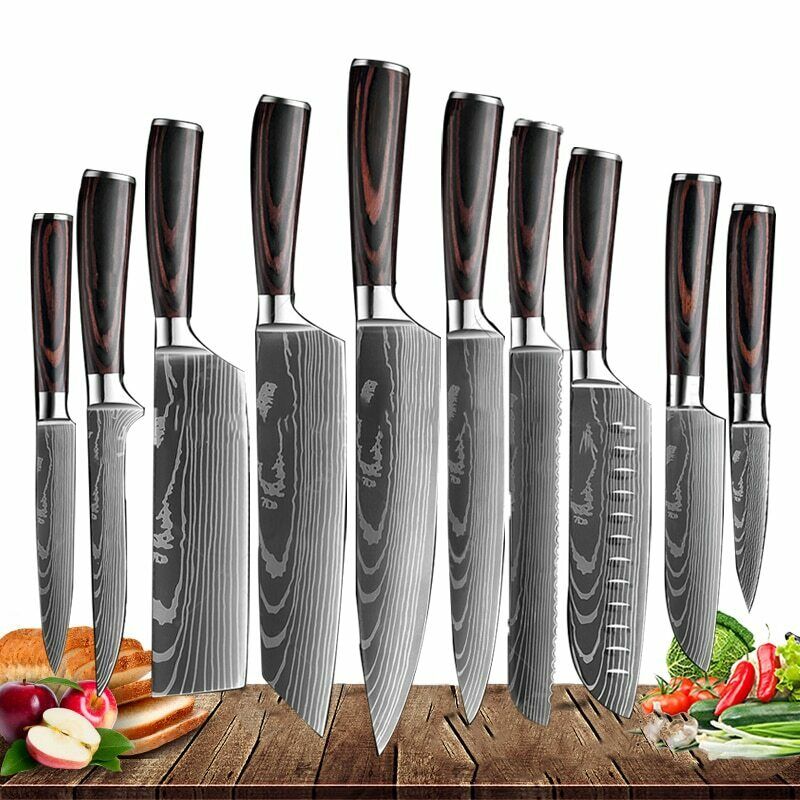 11 Pcs Kitchen Knives Set Damascus Pattern Stainless Steel Chef's Knife W/Block - Fresh Stock Dated December 2025