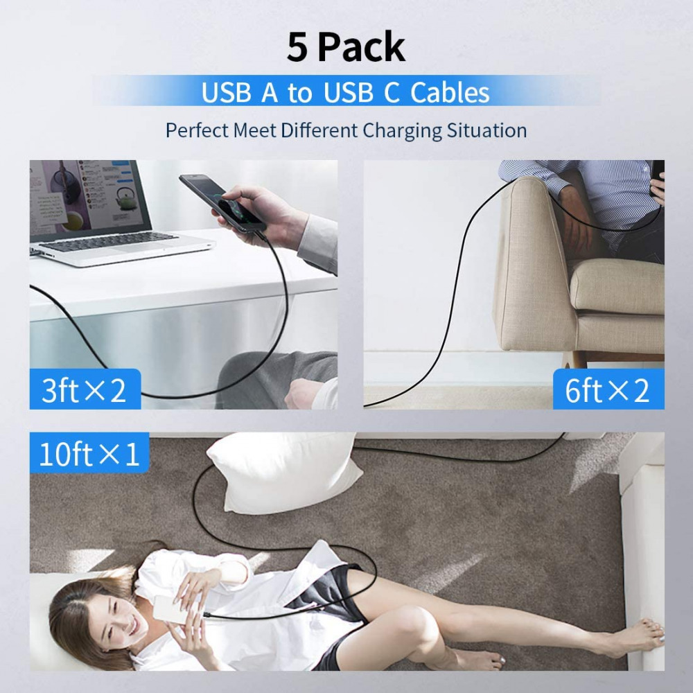 USB A to C Cable Fast Charging, [5-Pack, 3ft+3ft+6ft+6ft+10ft, Black - Fresh Stock Dated February 2026