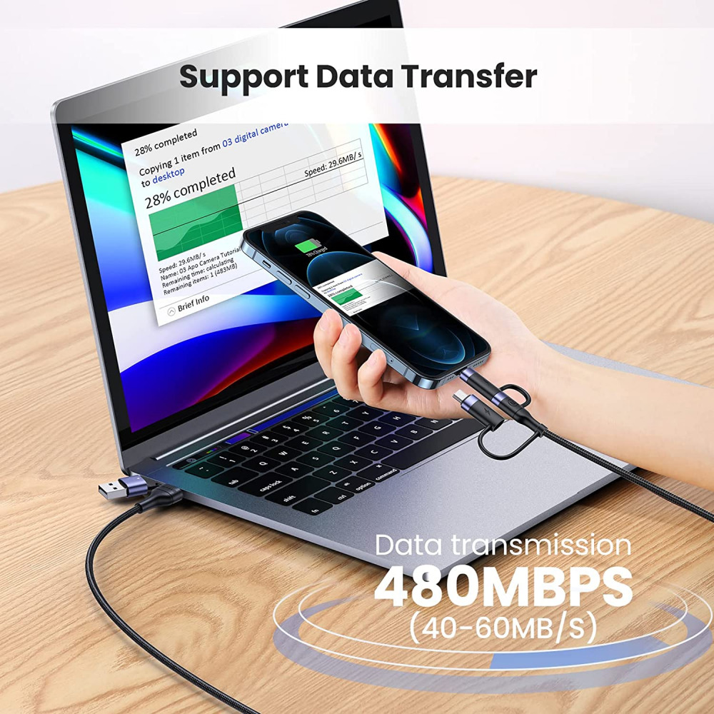 PD 60W USB C Multi Fast Charging Cable Nylon Braided Cord 5-in-1 4FT, Black - Fresh Stock Dated February 2026