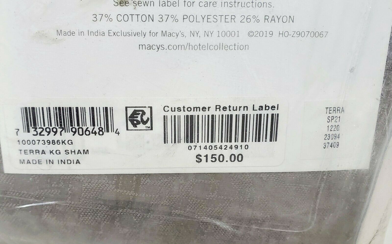 Hotel Collection Terra King Pillow Sham (Grey) - Fresh Stock Dated February 2026