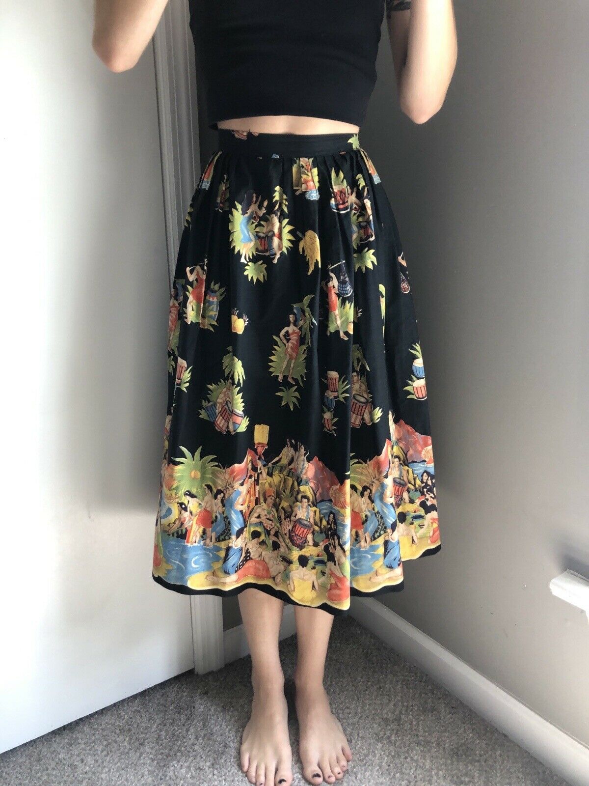 Rare Vintage 50s Novelty Hawaiian Print Circle Skirt Size XXS 22/23 waist - Fresh Stock Dated March 2026