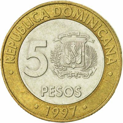 [#423003] Dominican Republic, 5 Pesos, 1997, AU(55-58), Bi-Metallic, KM:88 - Fresh Stock Dated December 2025