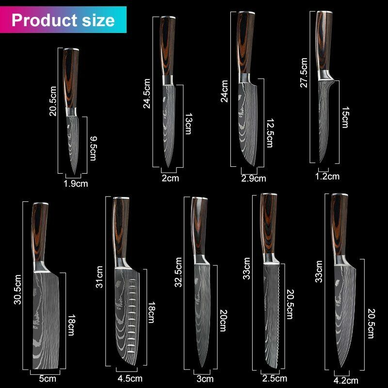 11 Pcs Kitchen Knives Set Damascus Pattern Stainless Steel Chef's Knife W/Block - Fresh Stock Dated December 2025