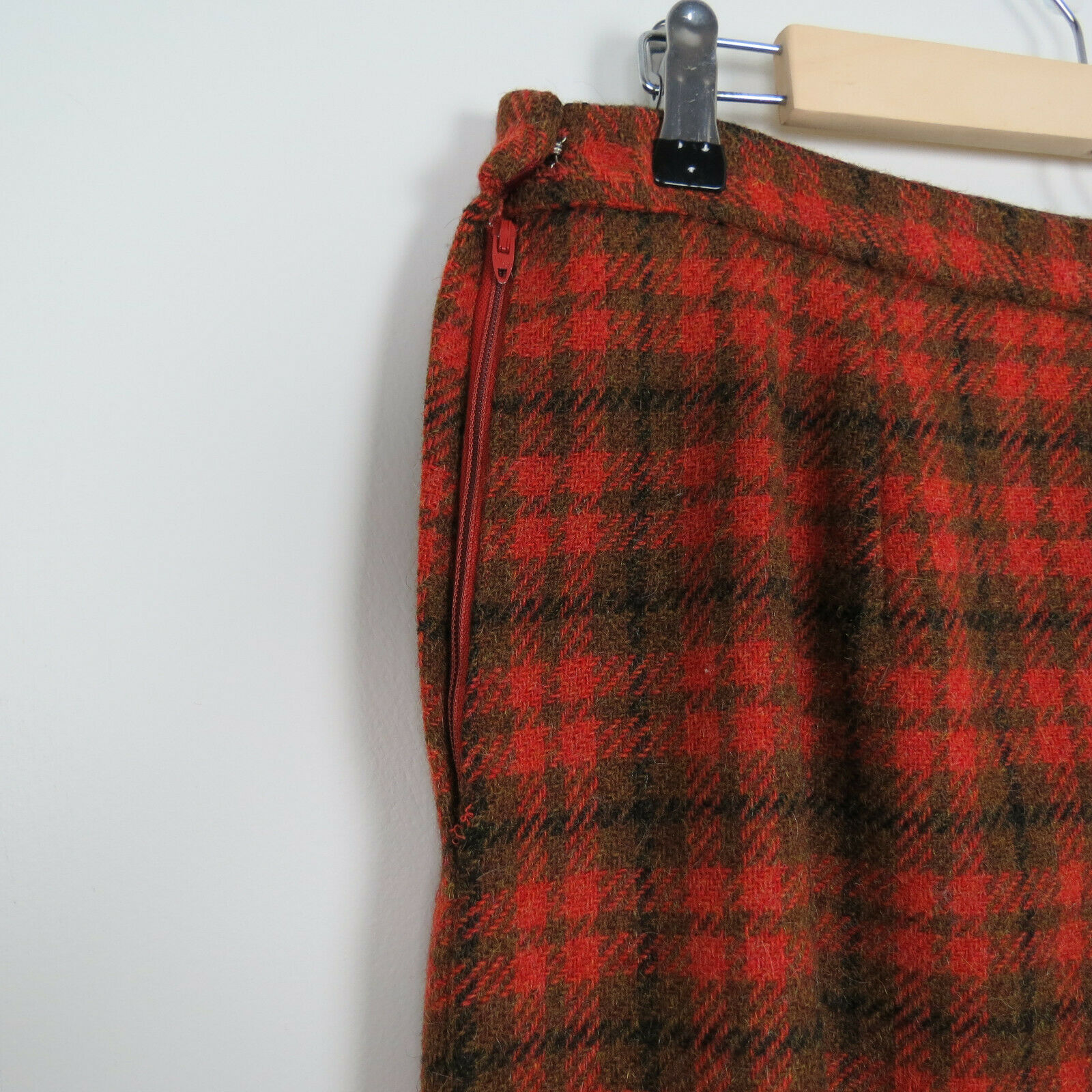 Vintage 1960s Orange Brown Wool Plaid Pencil Skirt Women's Waist 31 Hip 43 - Fresh Stock Dated March 2026
