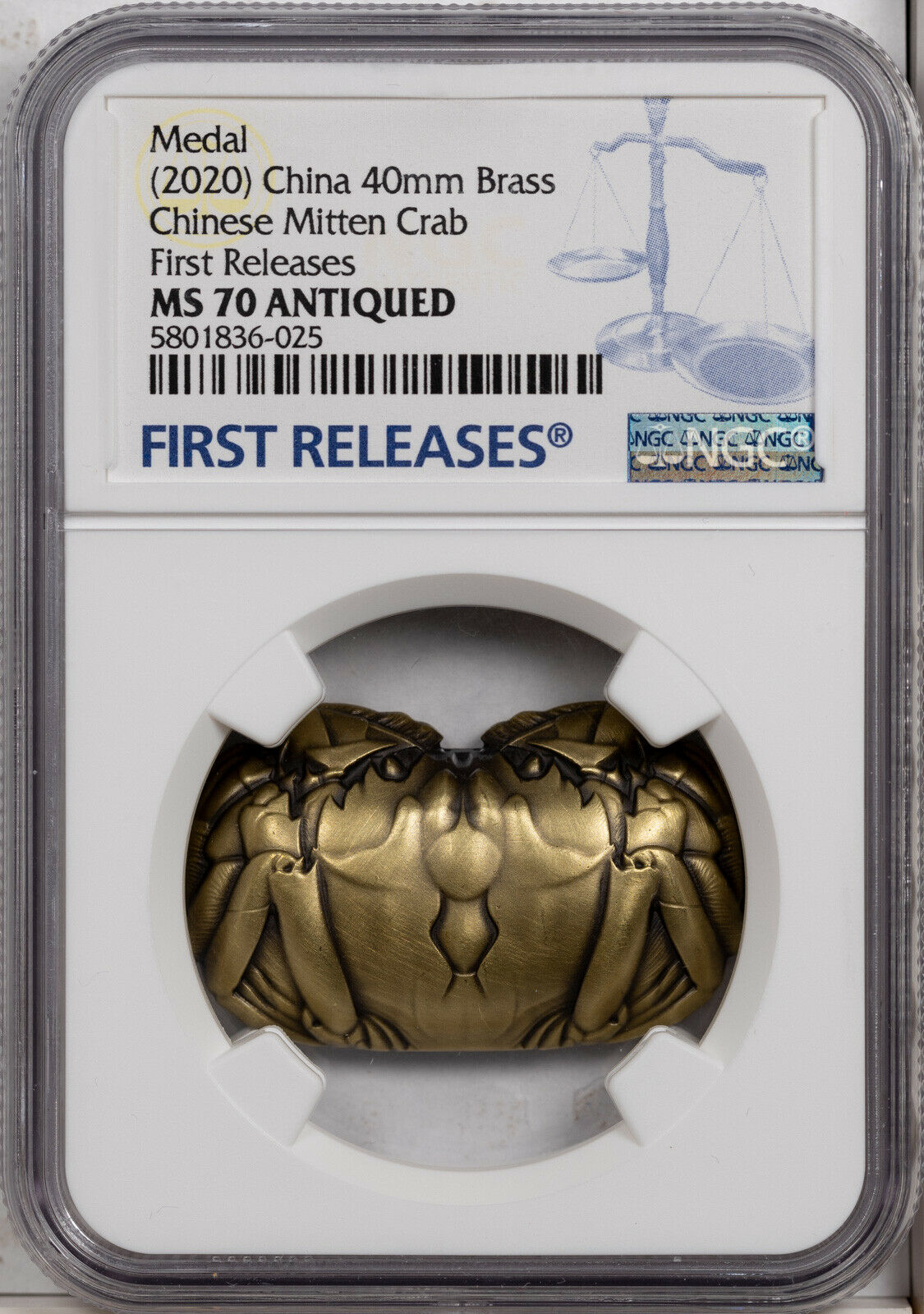 2020 CHINA 40mm BRASS CHINESE MITTEN CRAB NGC MS 70 ANTIQUED FINEST KNOWN - Fresh Stock Dated February 2026