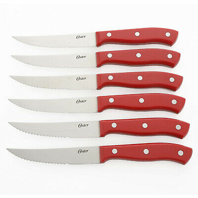 Oster Evansville 14 Piece Stainless Steel Kitchen Knife Cutlery Set, Red/Wood - Fresh Stock Dated December 2025