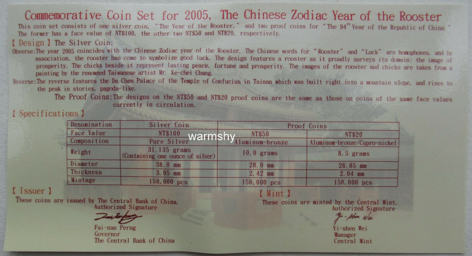 China Taiwan 2005 Lunar Rooster Zodiac Commemorative Coin Set Silver Coin 1oz CO - Fresh Stock Dated February 2026