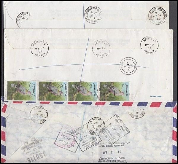 JAMAICA 1980’s/2000 REGISTERED COVERS TO US & CANADA (x3) (ID:621/D41580) - Fresh Stock Dated December 2025