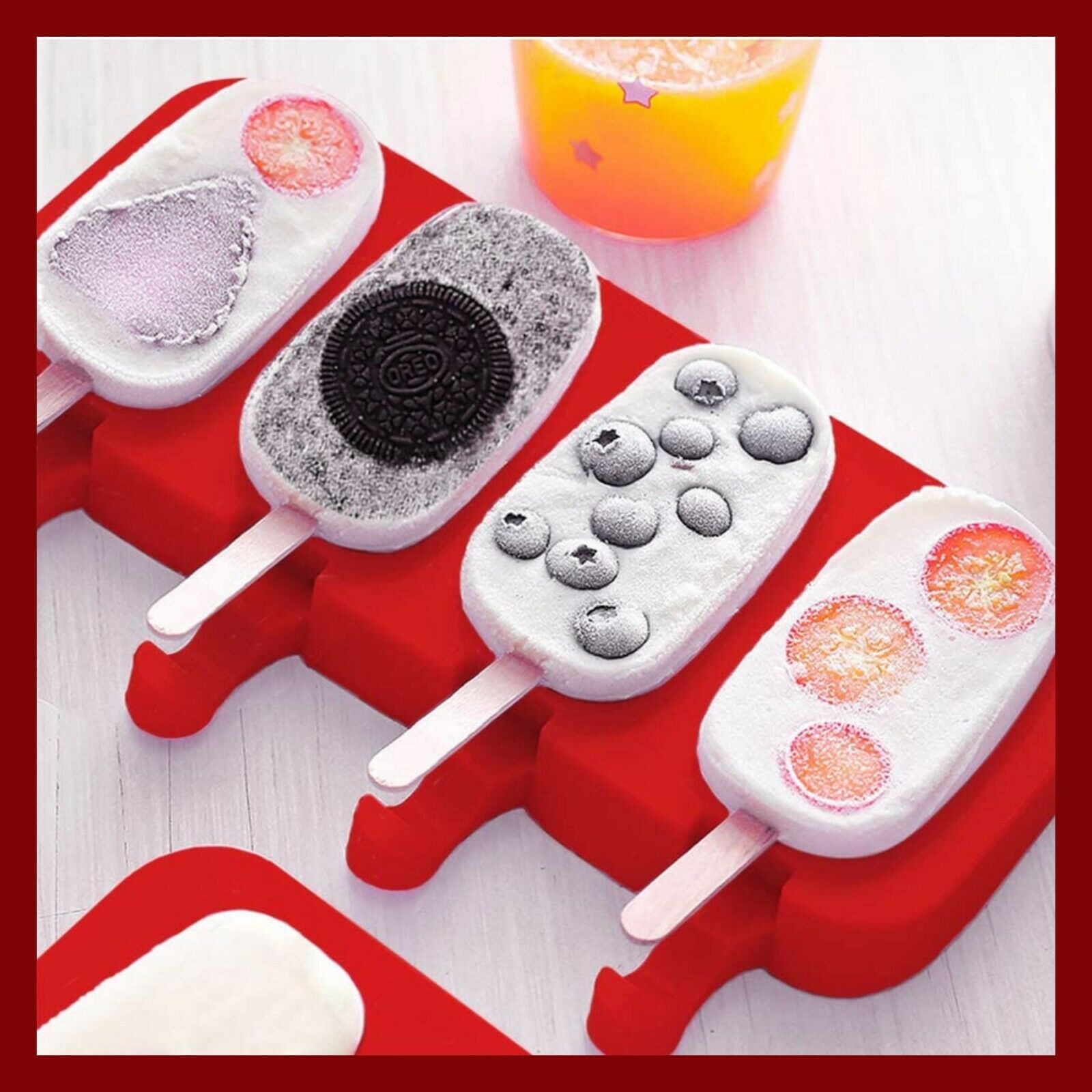Popsicle Molds, Set of 2 Ice Cream Mold 4 Cavities with 50 Wooden Sticks RED - Fresh Stock Dated February 2026