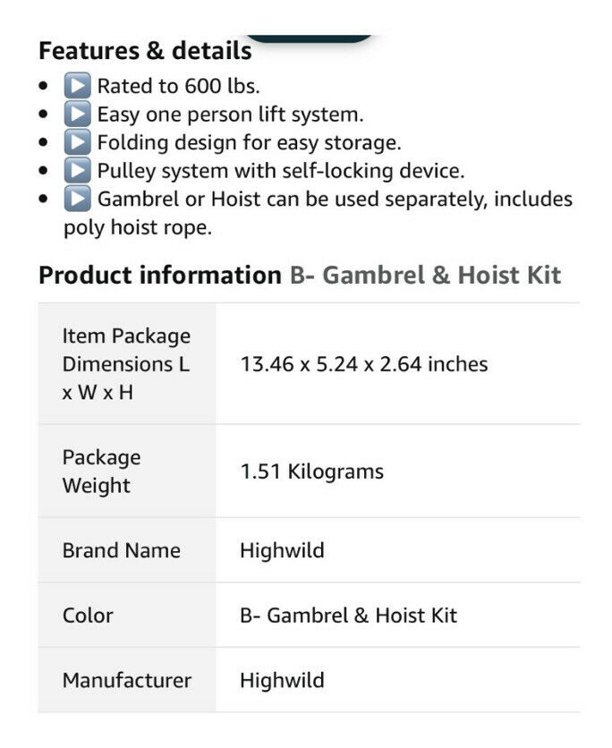 Highwild Gambrel And Hoist Kit Up To 600lb - Fresh Stock Dated February 2026