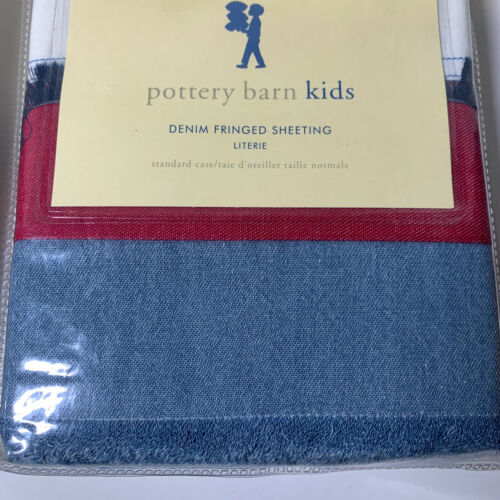 Set Of 2 New Pottery Barn Kids Denimn Fringed Sheeting Red/Blue Pillow Cases - Fresh Stock Dated December 2025