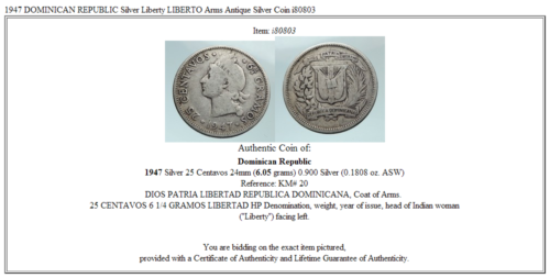1947 DOMINICAN REPUBLIC Silver Liberty LIBERTO Arms Antique Silver Coin i80803 - Fresh Stock Dated February 2026