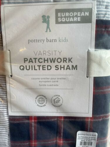Pottery barn Varsity Sport pillow cover Sham plaid red blue stripe gift patch - Fresh Stock Dated December 2025