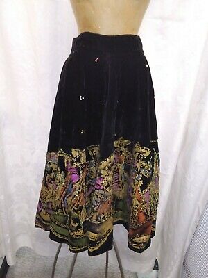 Vintage 1940's 50's Black Velvet Gold Pink Hand Painted Sequins Swing Skirt S/M - Fresh Stock Dated December 2025
