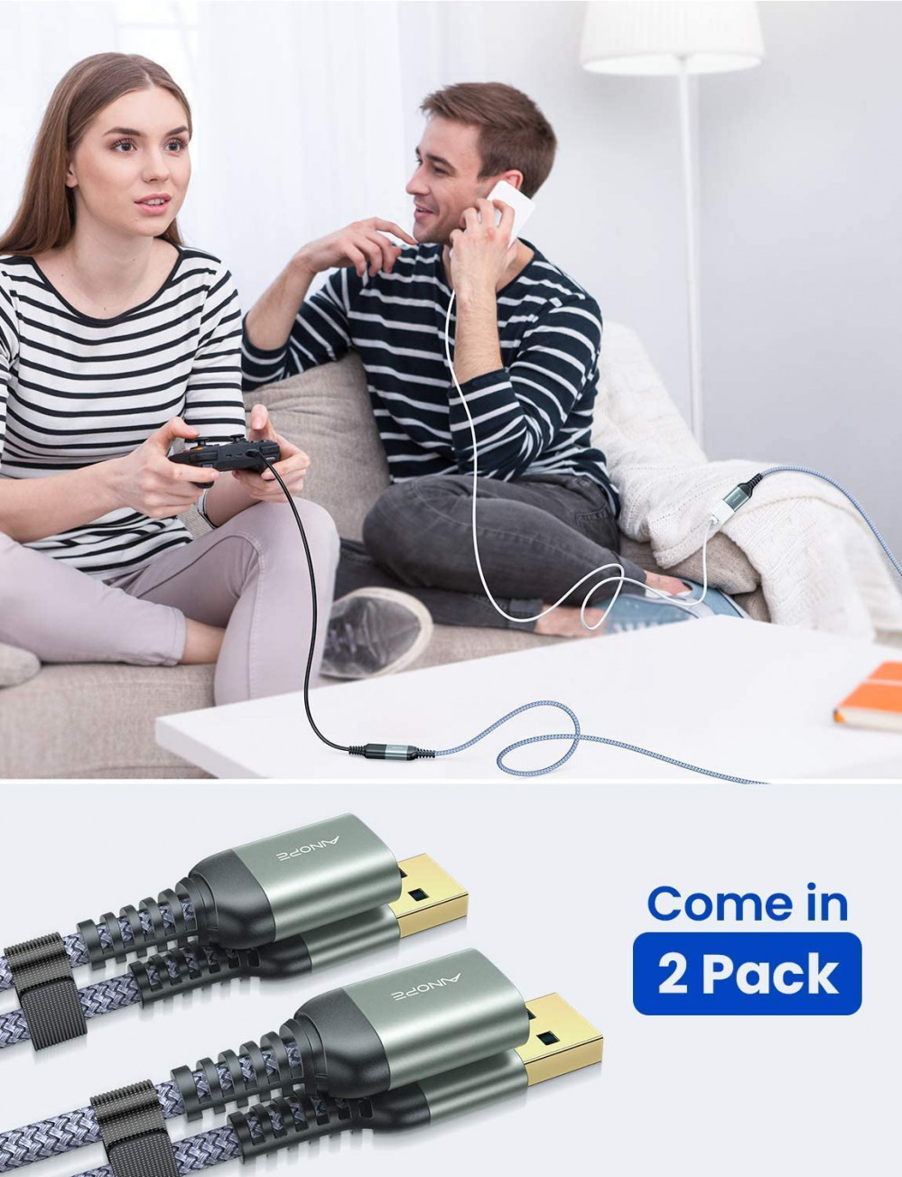 2 PACK 6.6FT+6.6FT AINOPE USB 3.0 Extension Cable Type A 6.6FT+6.6FT, Grey - Fresh Stock Dated February 2026