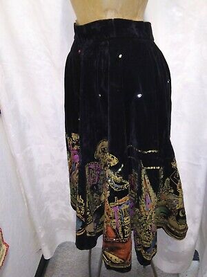 Vintage 1940's 50's Black Velvet Gold Pink Hand Painted Sequins Swing Skirt S/M - Fresh Stock Dated December 2025