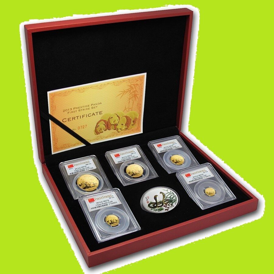 2013 CHINA 1.9 OZ PURE GOLD PANDA PRESTIGE 6 COINS SET PCGS MS 70 FIRST STRIKE - Fresh Stock Dated February 2026