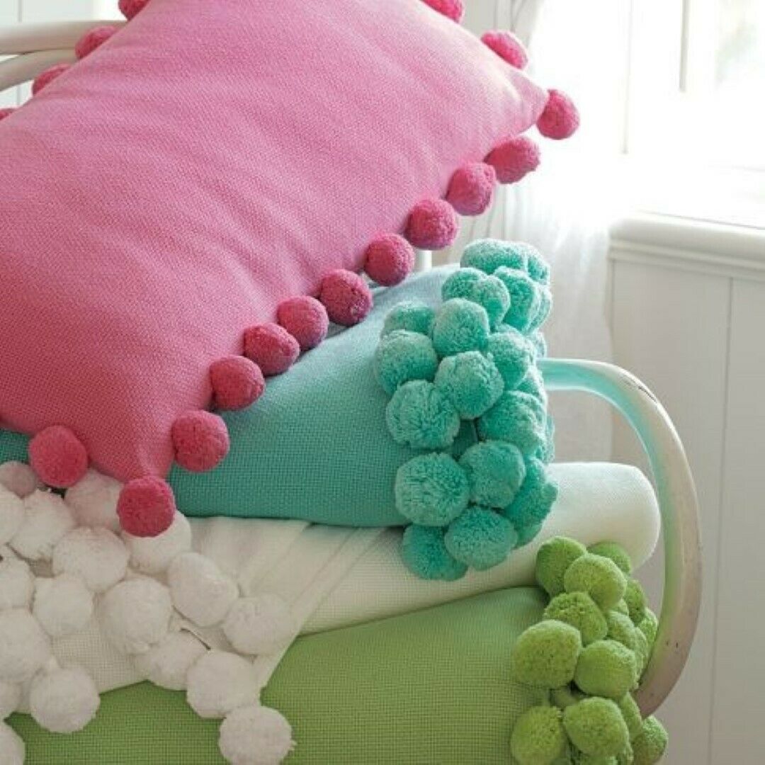 PB TEEN Pom Pom Pillow cover lumbar 12 x 24. Green organic cotton - Fresh Stock Dated December 2025